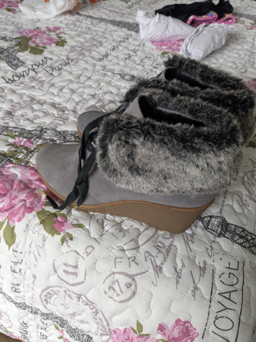 Cole Hahn Faux-Fur Wedge Ankle Booties with Lace-Up Detail